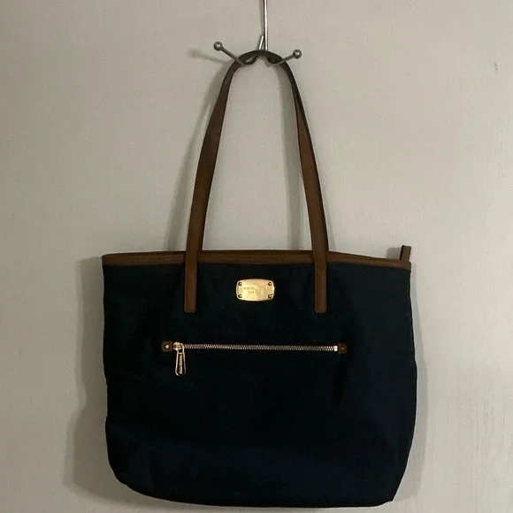 Michael Kors Navy Nylon Brown Leather Straps Tote Bag - Picture 1 of 7